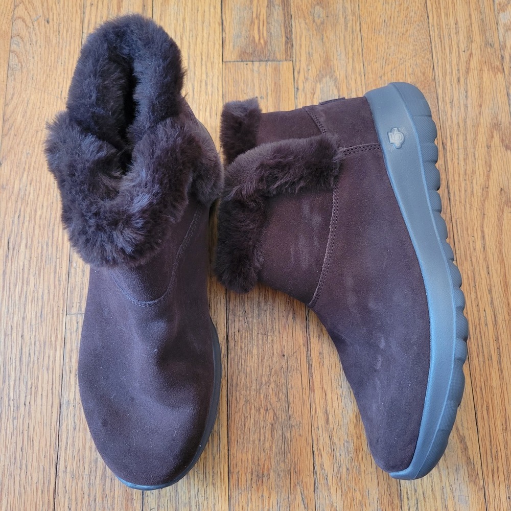 Skechers 7 Ankle Boots Brown Suede Leather Faux Fur On The GO Joy 15501 Slip Ins
